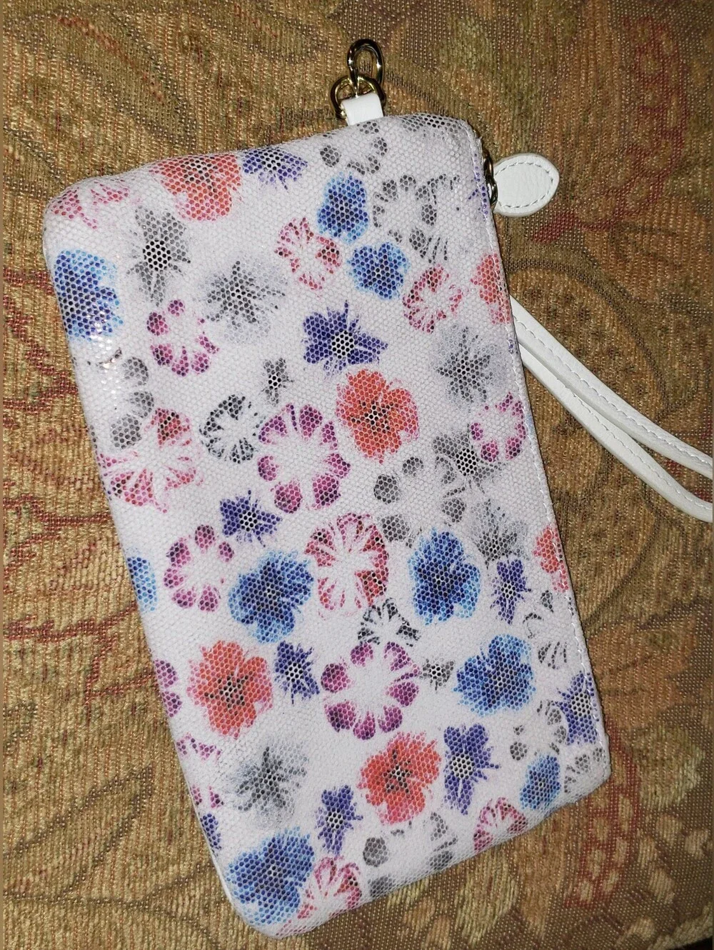 Befen White Leather Pouch With Colorful Floral Design